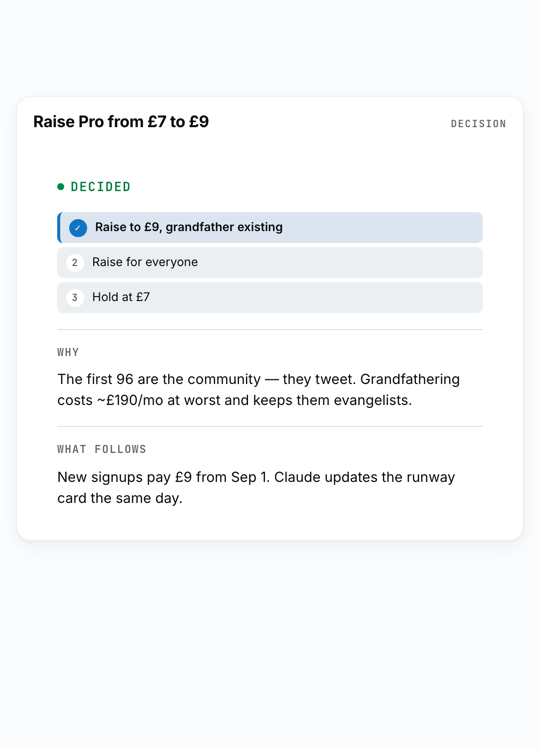 Decision card &middot; raise to &pound;9, grandfather existing — with the why