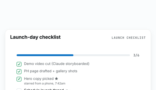 Launch checklist card &middot; owners on every line
