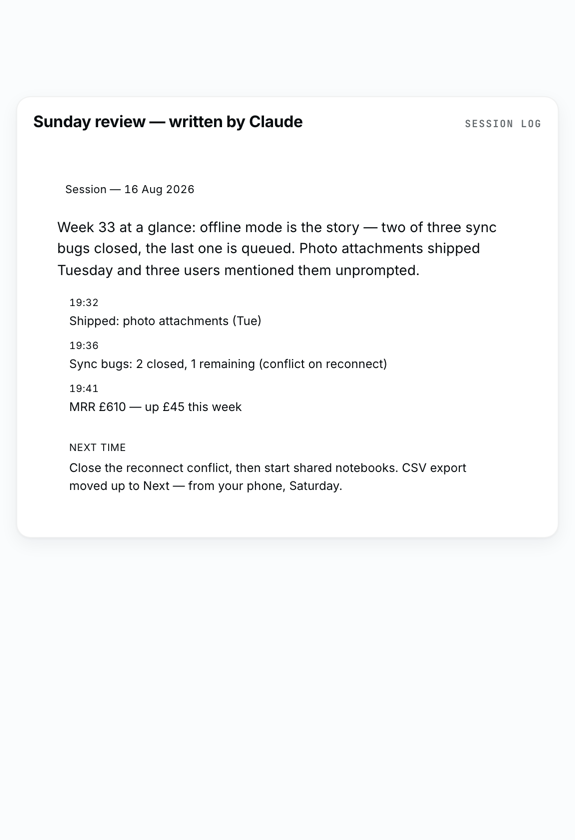 Weekly review card &middot; written by your AI, read by you