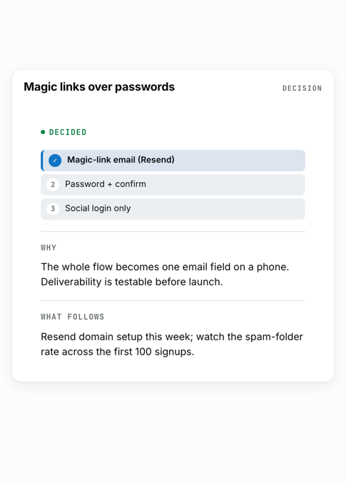 Decision card &middot; why it never suggests passwords again
